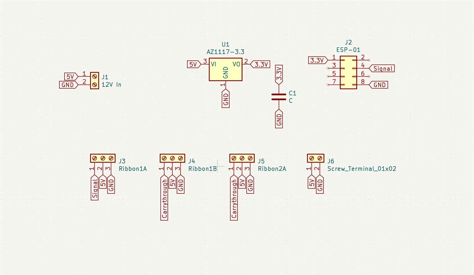 KiCad schematic of the panel: 12V input, 3.3V regulator, ESP-01, and ribbon connectors