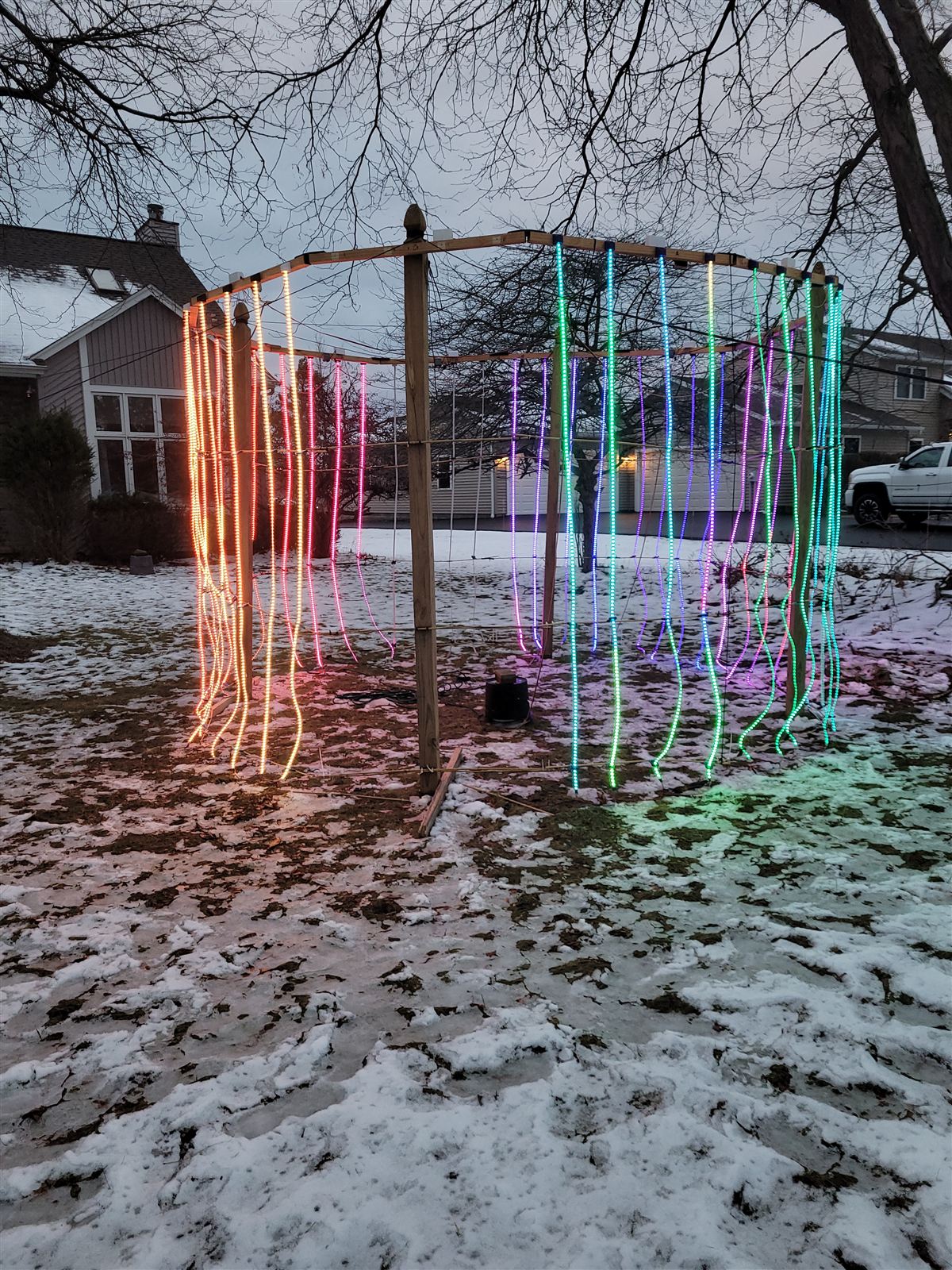 The ring lit at dusk with panel 0 dark, its strips and electronics removed