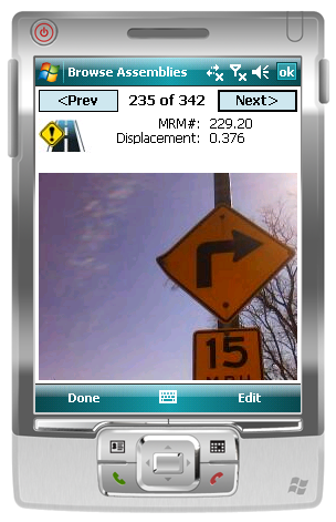 Browse Assemblies screen showing assembly 235 of 342 with a photo of a turn sign