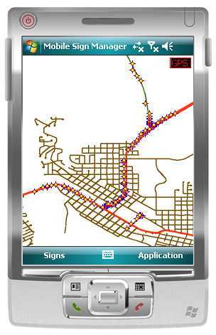 Pocket PC map view with sign assemblies plotted as points along city streets