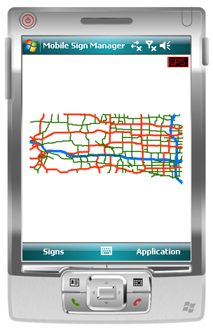 Mobile Sign Manager on a Windows Mobile Pocket PC showing the startup map view