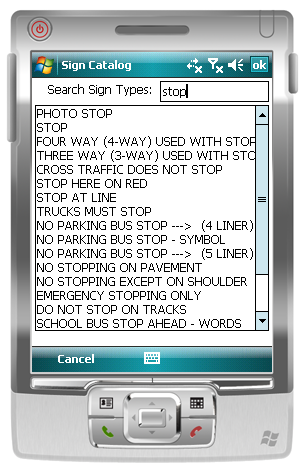 Sign catalog screen listing standard highway sign types