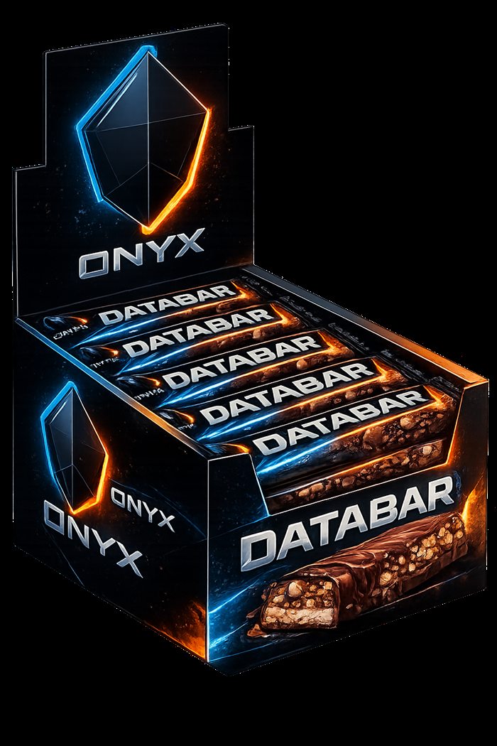 A retail display box of ONYX DATABAR candy bars, each individually wrapped in the Onyx blue-and-orange gem branding