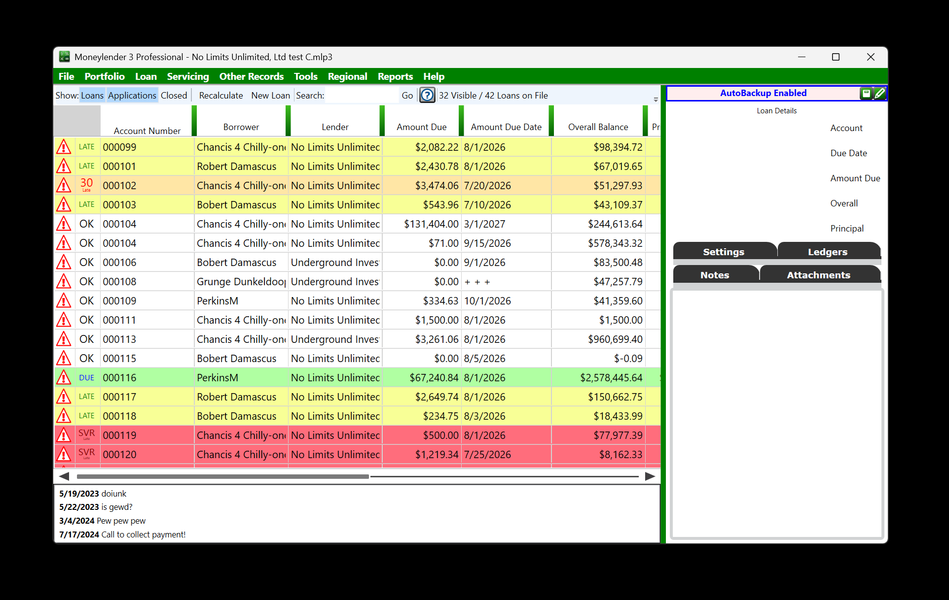 Moneylender Professional loan servicing software showing a portfolio of loans with balances and due dates